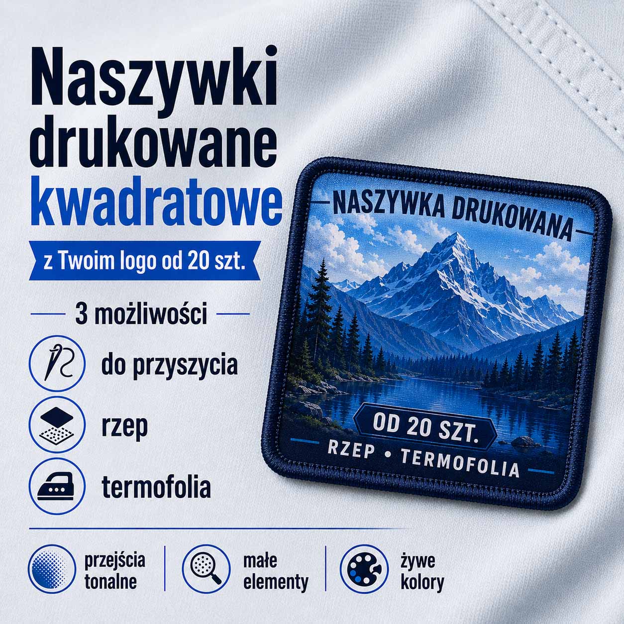 Kwadratowa naszywka drukowana DTF z haftowaną ramką i logo firmy